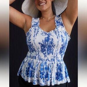 Anthropologie Blue and White Floral Smocked Peplum Tank